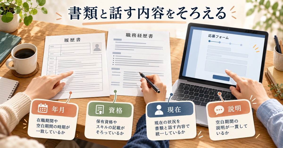 履歴書、職務経歴書、応募フォームを並べ、年月・資格・現在・説明の整合を確認する図