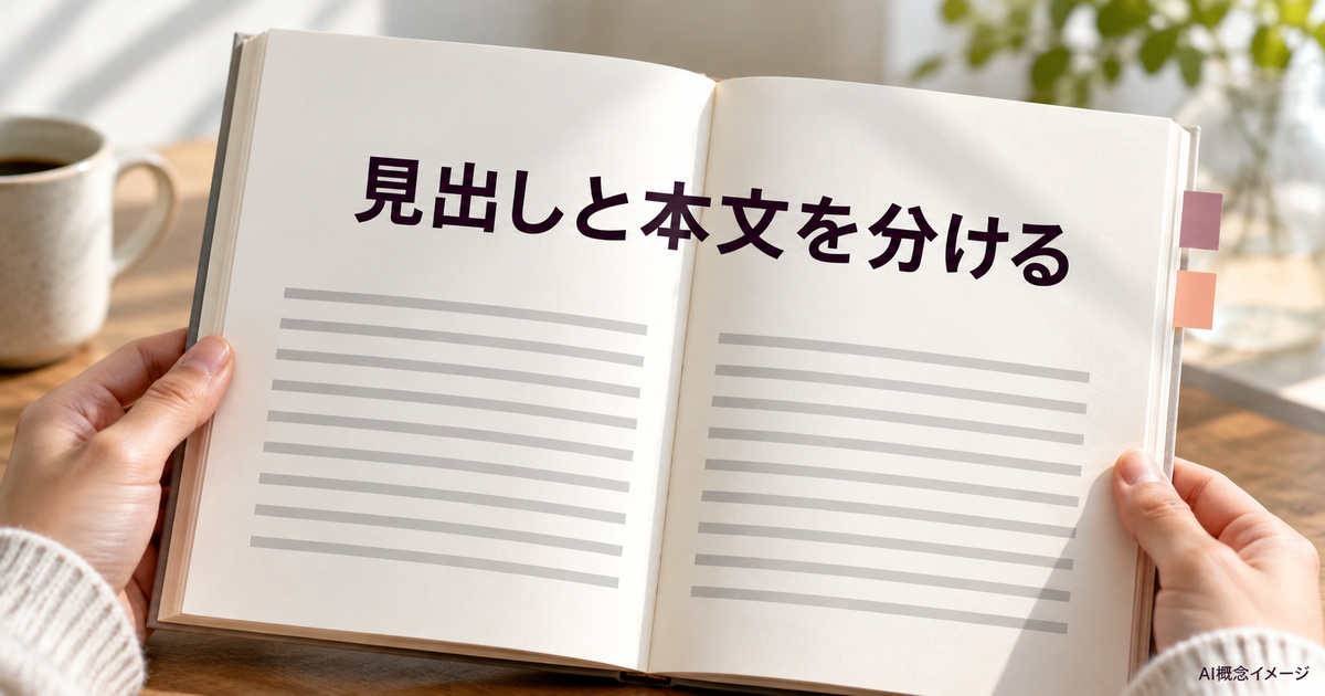 見出しと本文の役割を分けた紙の本のAI概念イメージ