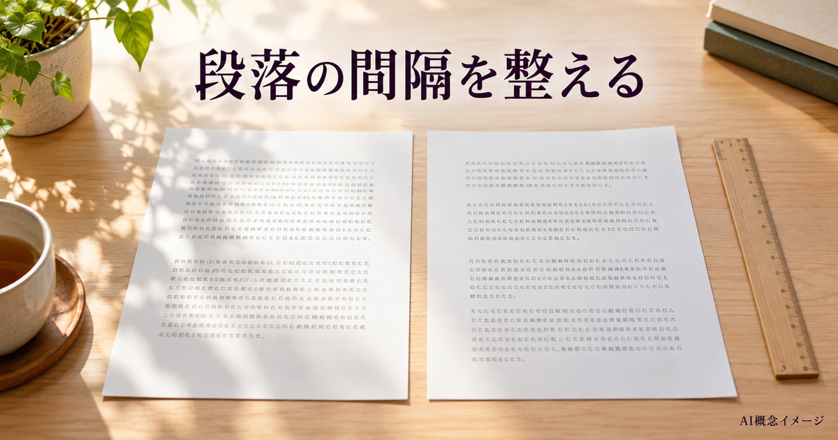 段落の間隔が違う二枚の紙と定規のAI概念イメージ