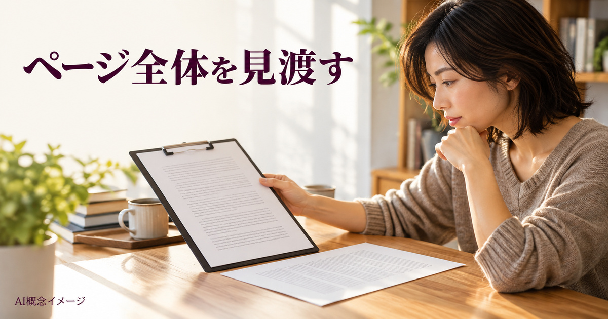 ページ全体をクリップボードで見渡す人のAI概念イメージ