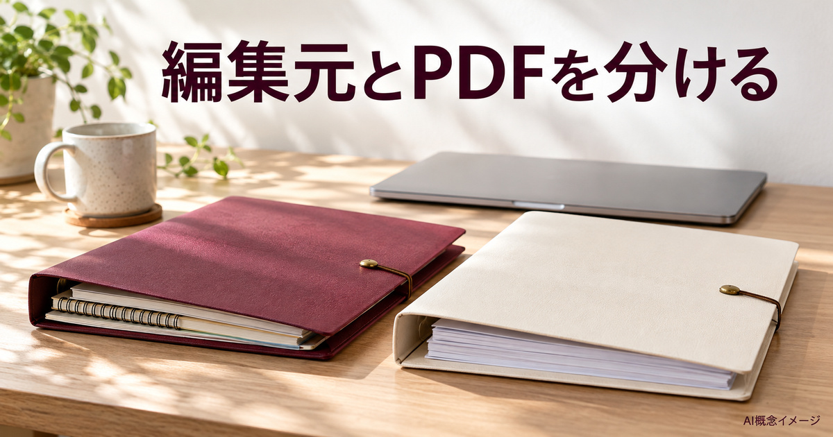編集元とPDFを分ける二つのフォルダーのAI概念イメージ