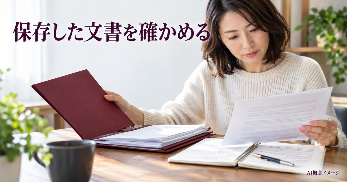 保存した文書とノートを照合する人のAI概念イメージ