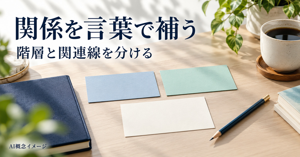 階層と関連線の違いを考えるカードとノートのAI概念イメージ