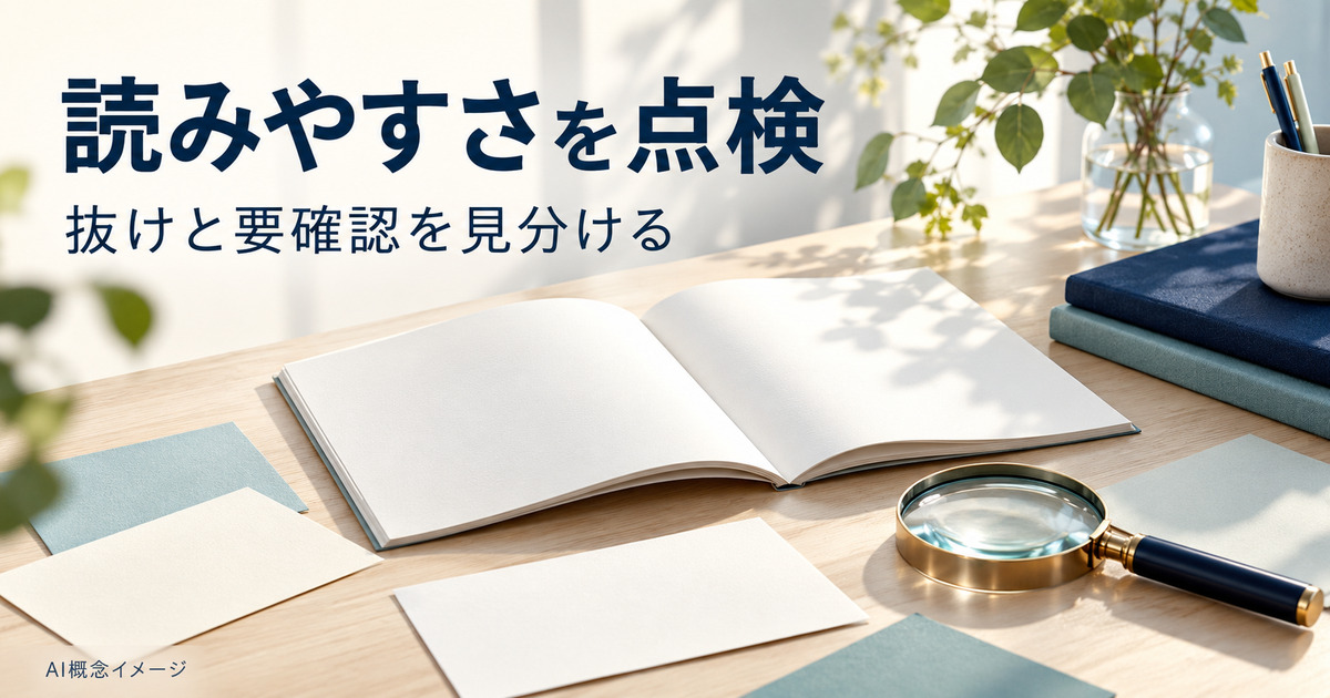 読みやすさを点検するノートと虫眼鏡のAI概念イメージ