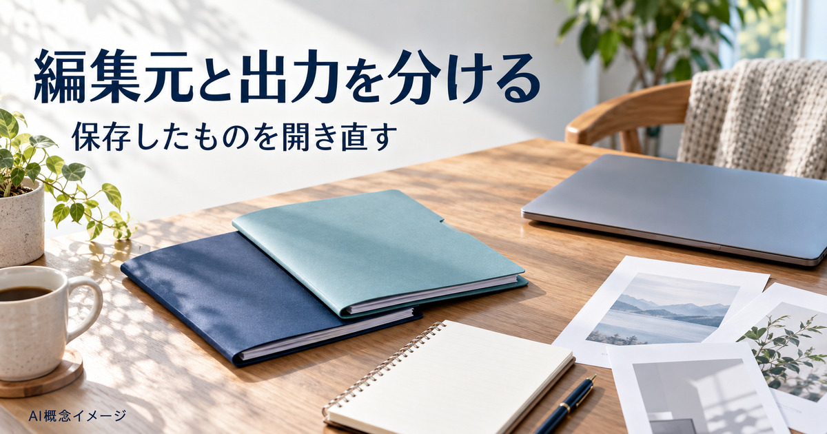 編集元と出力物の区別を考えるフォルダーと印刷物のAI概念イメージ