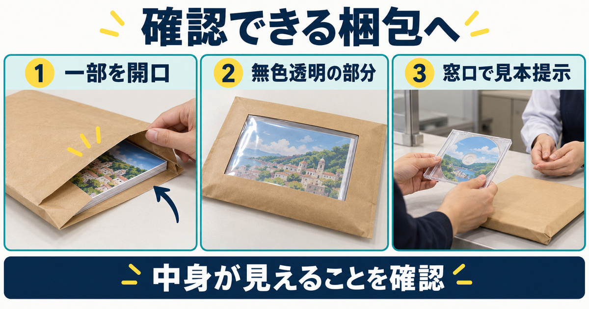 開口部と無色透明部分、郵便局での見本提示による内容確認の説明図