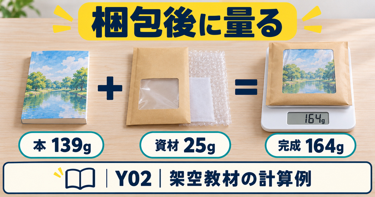 本と資材を合わせて164gとなる架空の重量計算例