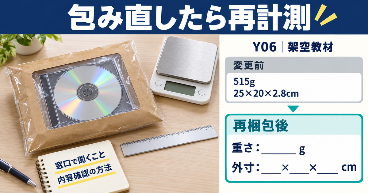 Y06の再梱包後に重量と外寸を測り直し、内容確認の質問を整理する図