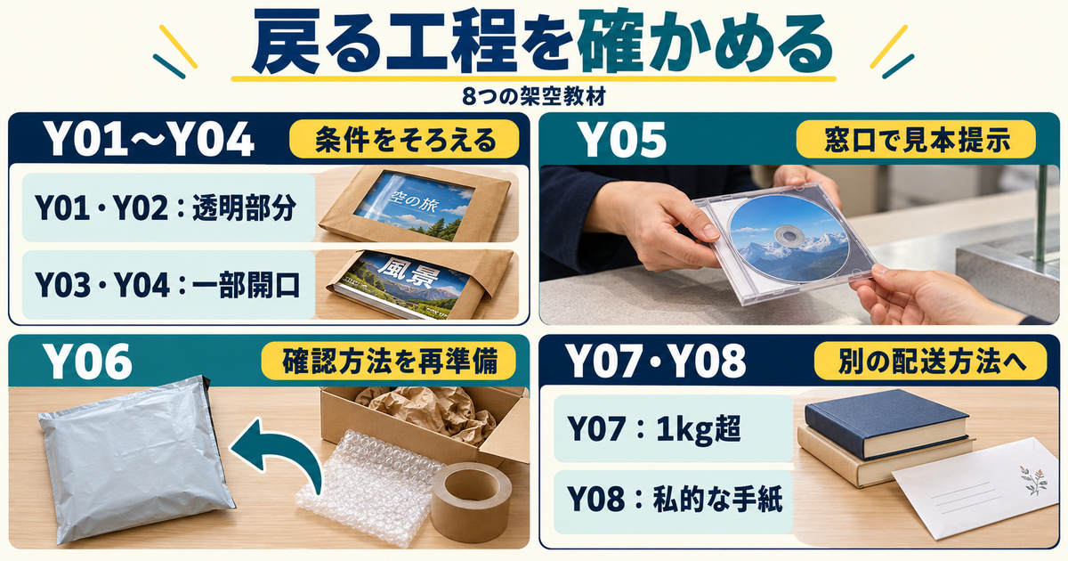 8つの荷姿を条件確認、窓口で見本提示、確認方法の再準備、別配送に分ける図