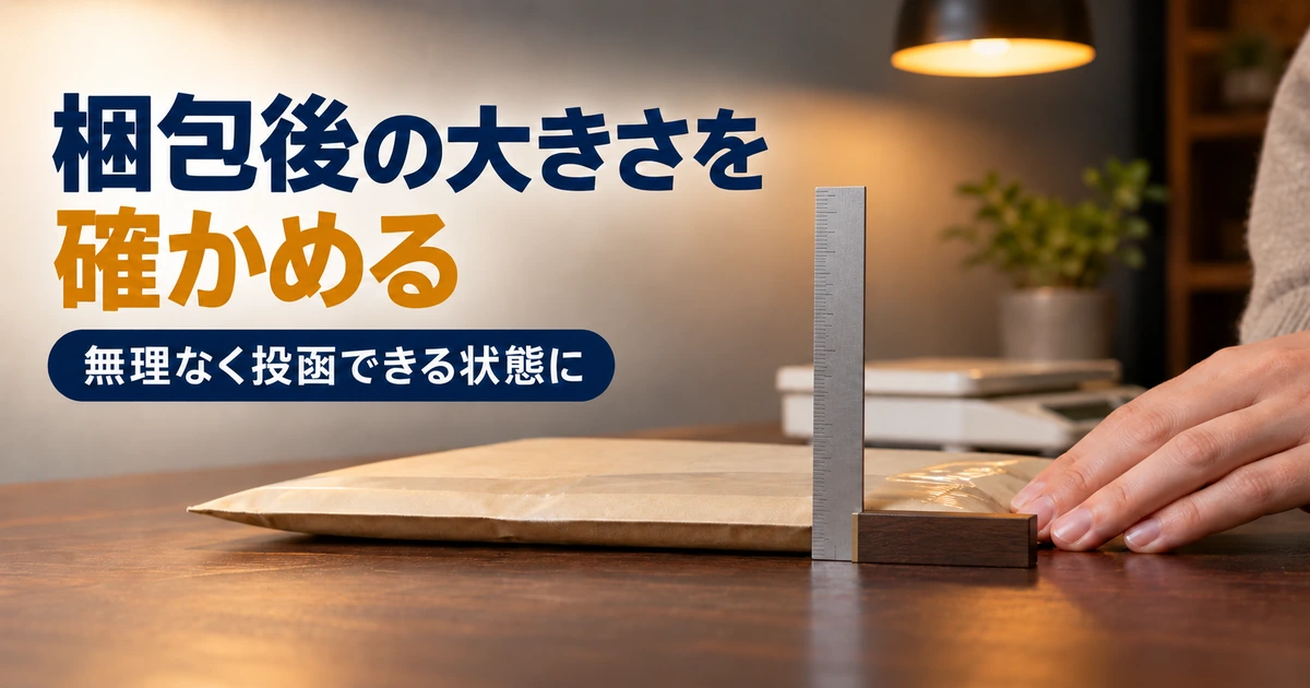 薄型に梱包した荷物の厚みを測定道具で確認する手元