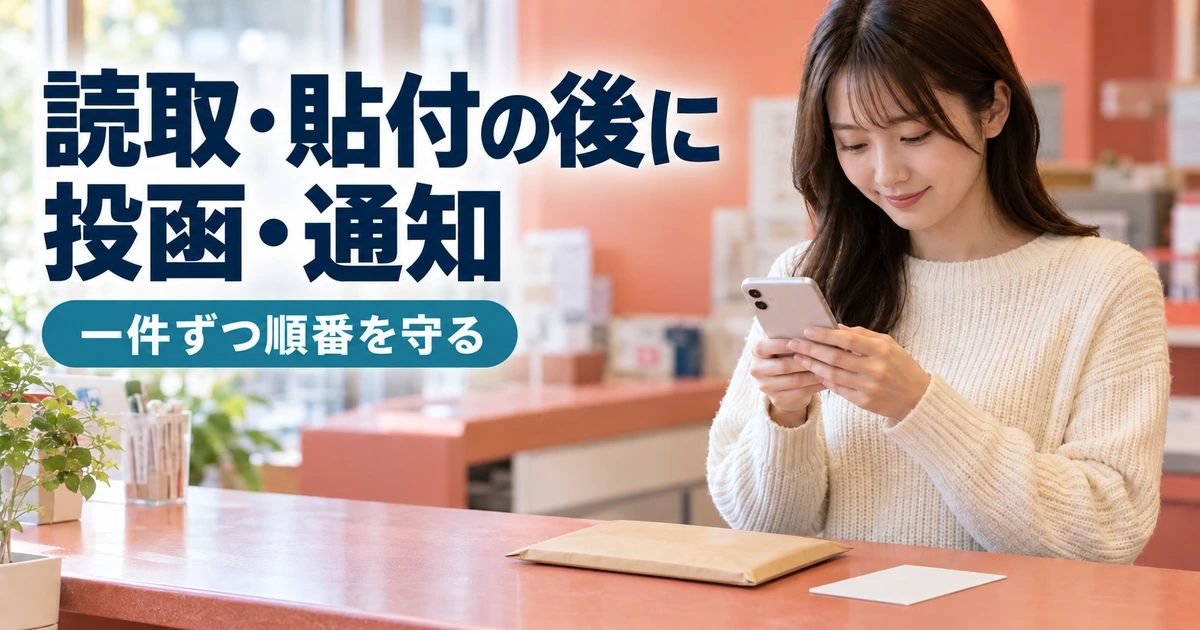 一件の荷物を前にスマートフォンで発送準備を確認する女性