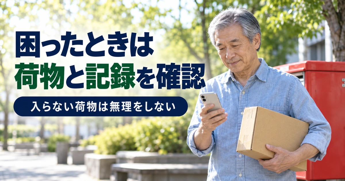 投函せず手元の荷物と記録を確認する男性