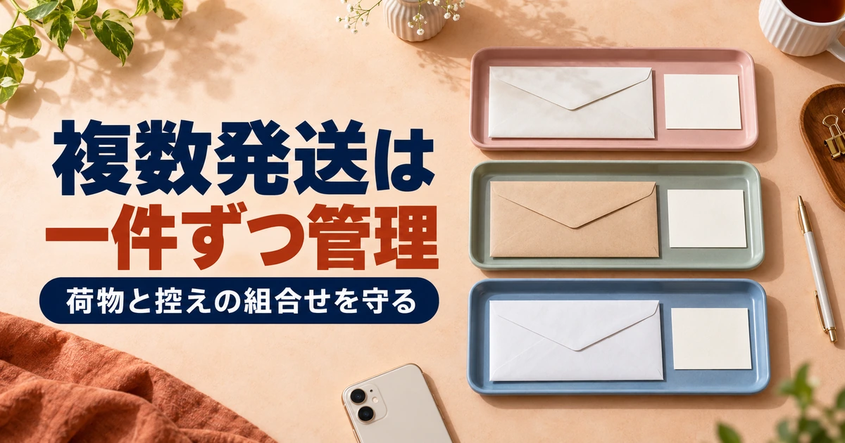 色分けしたトレーに荷物と控えを対応させて並べた発送管理